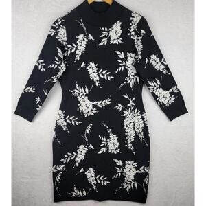 Sz M Cottagecore Sweater Dress Knee 3/4 Sleeve Black White Floral Career Office